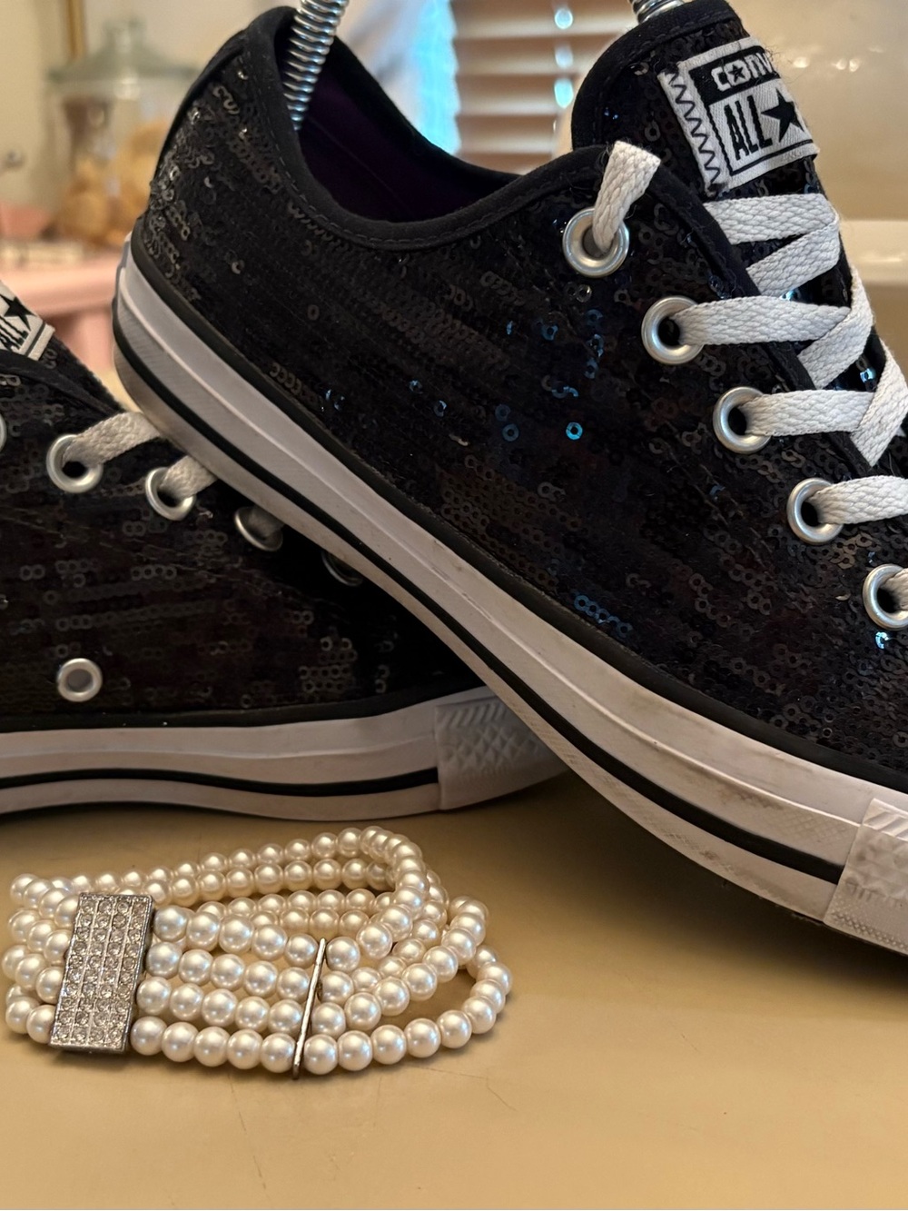 Converse Black Sequin Low Top Sneakers with White Accents - Picture 3 of 8
